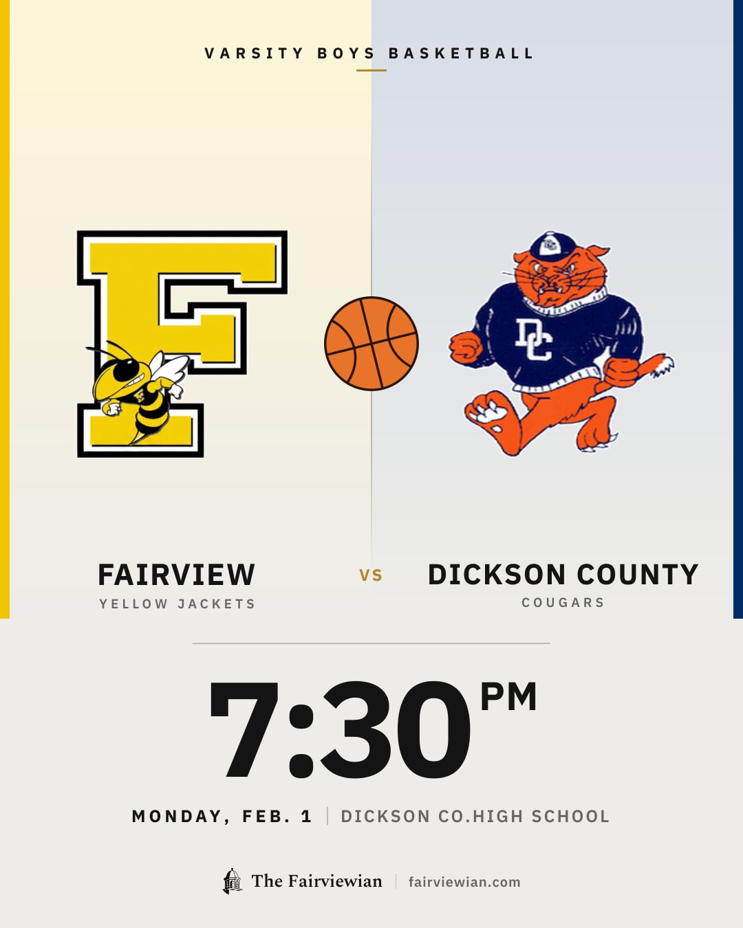 Fairview High boys basketball vs Dickson County, Monday, Feb. 1, 7:30 PM