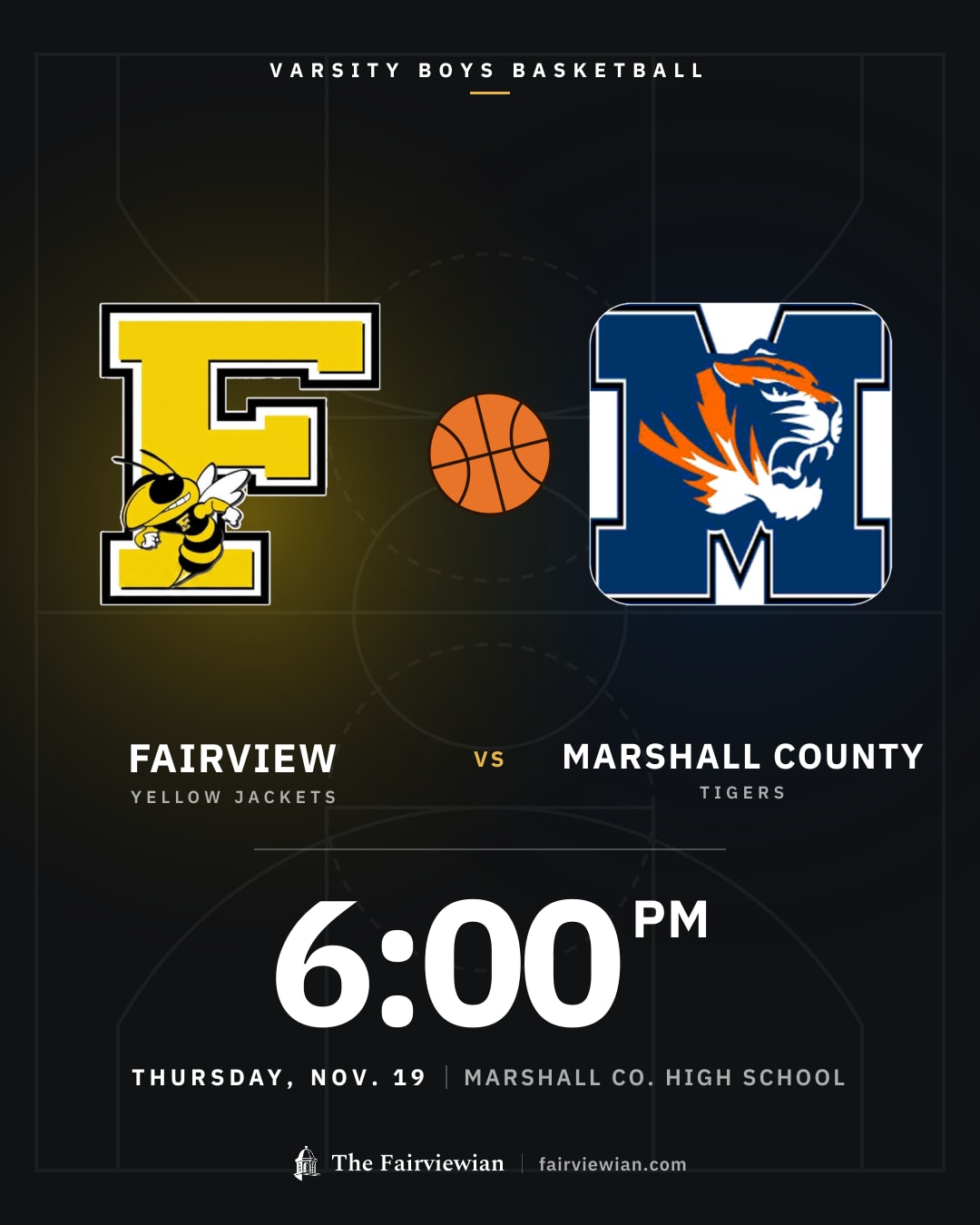 Fairview High boys basketball vs Marshall County, Thursday, Nov. 19, 6 PM