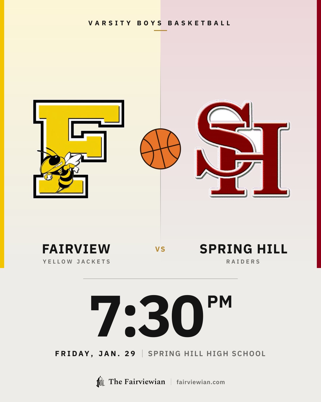 Fairview High boys basketball vs Spring Hill, Friday, Jan. 29, 7:30 PM