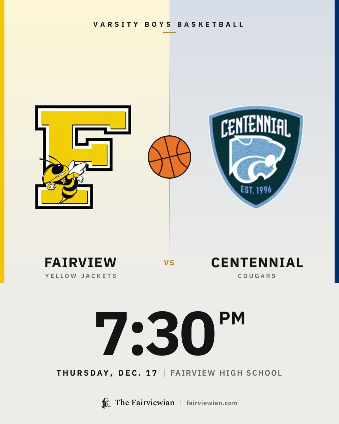 Fairview High boys basketball vs Centennial, Thursday, Dec. 17, 7:30 PM