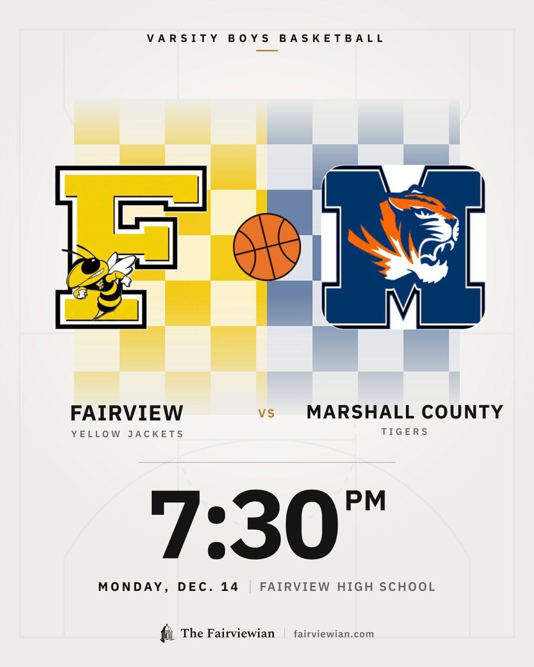 Fairview High boys basketball vs Marshall County, Monday, Dec. 14, 7:30 PM