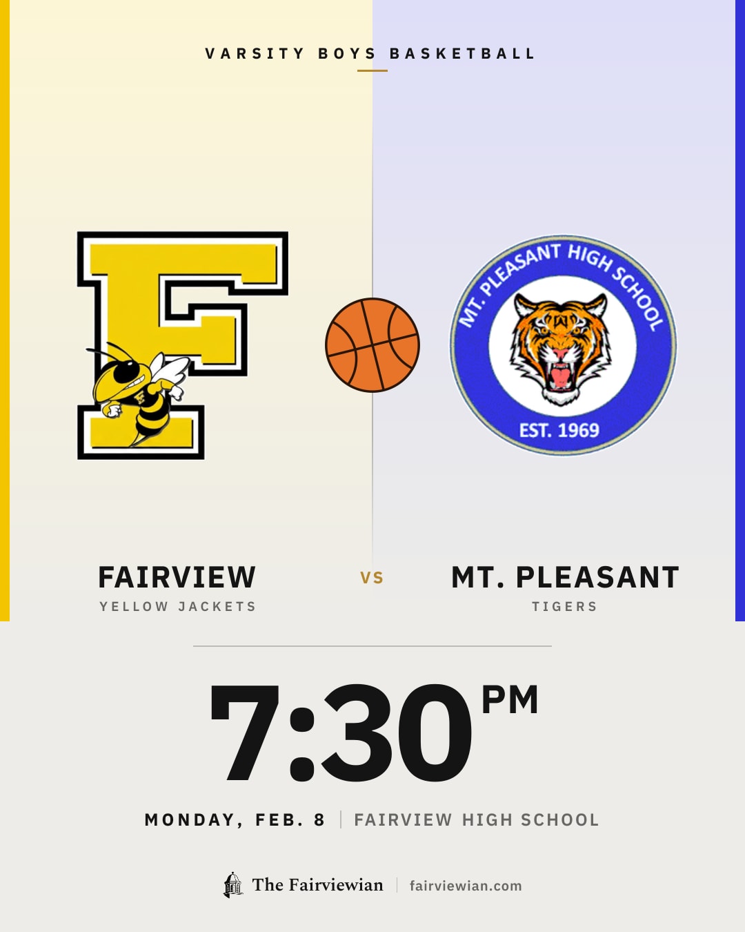 Fairview High boys basketball vs Mt. Pleasant, Monday, Feb. 8, 7:30 PM