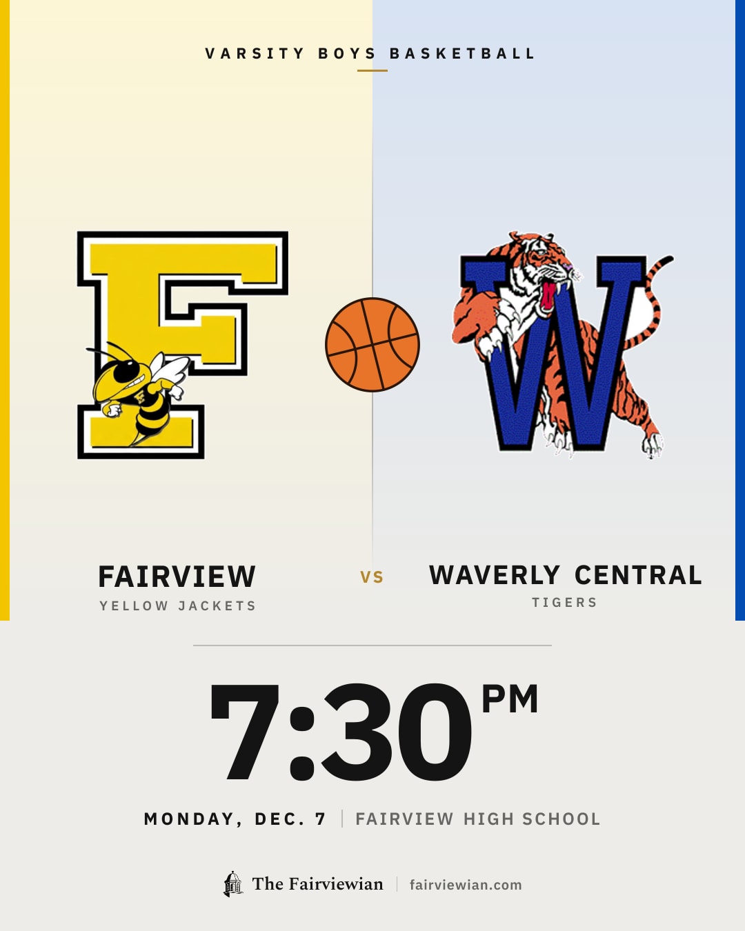 Fairview High boys basketball vs Waverly Central, Monday, Dec. 7, 7:30 PM