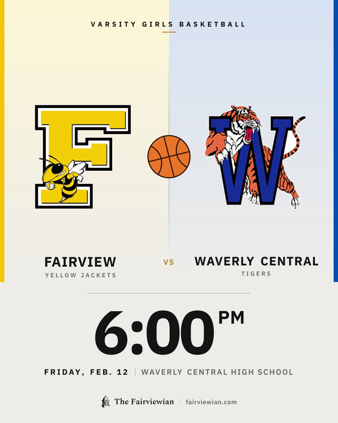 Fairview High girls basketball vs Waverly Central, Friday, Feb. 12, 6 PM