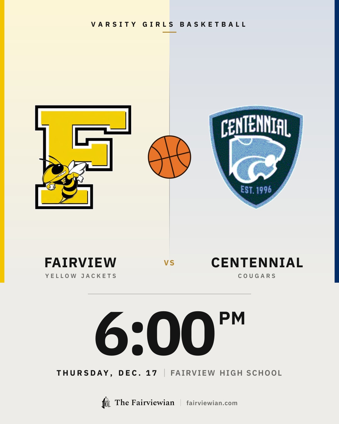 Fairview High girls basketball vs Centennial, Thursday, Dec. 17, 6 PM