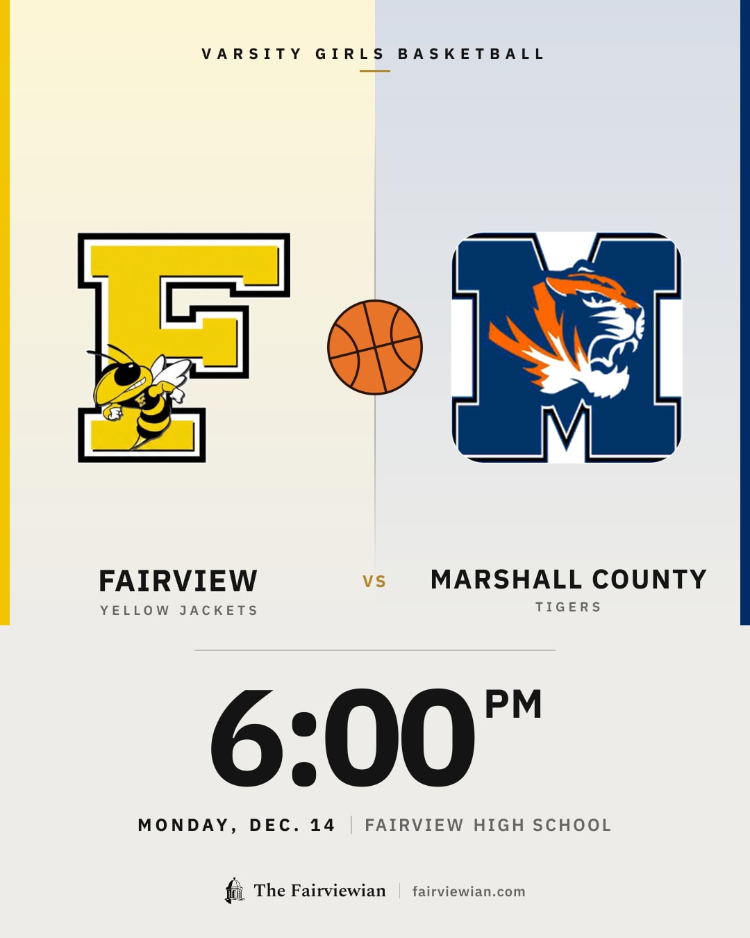 Fairview High girls basketball vs Marshall County, Monday, Dec. 14, 6 PM
