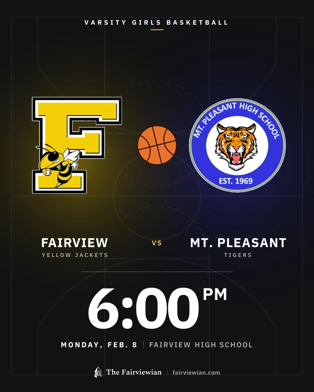 Fairview High girls basketball vs Mt. Pleasant, Monday, Feb. 8, 6 PM