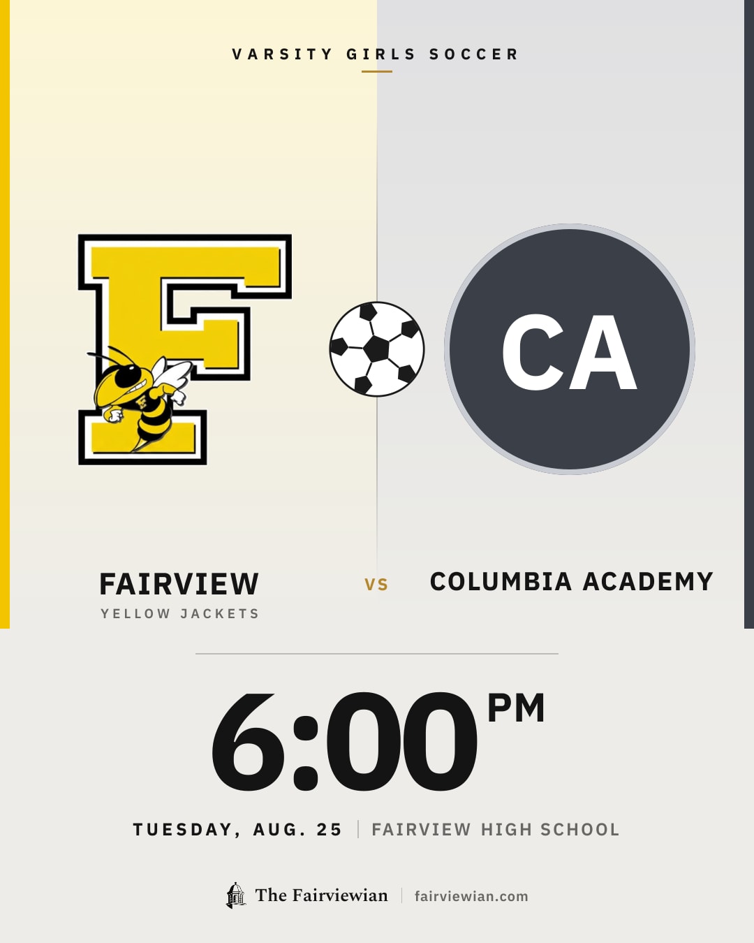 Fairview High girls soccer vs Columbia Academy, Tuesday, Aug. 25, 6 PM