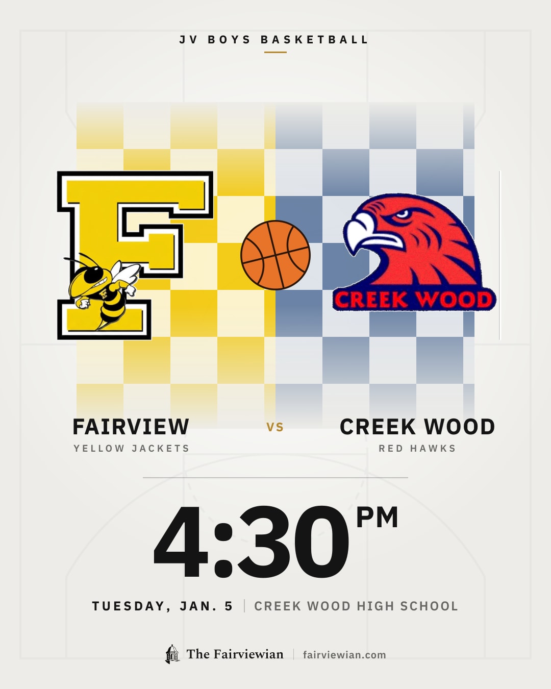 Fairview High JV boys basketball vs Creek Wood, Tuesday, Jan. 5, 4:30 PM