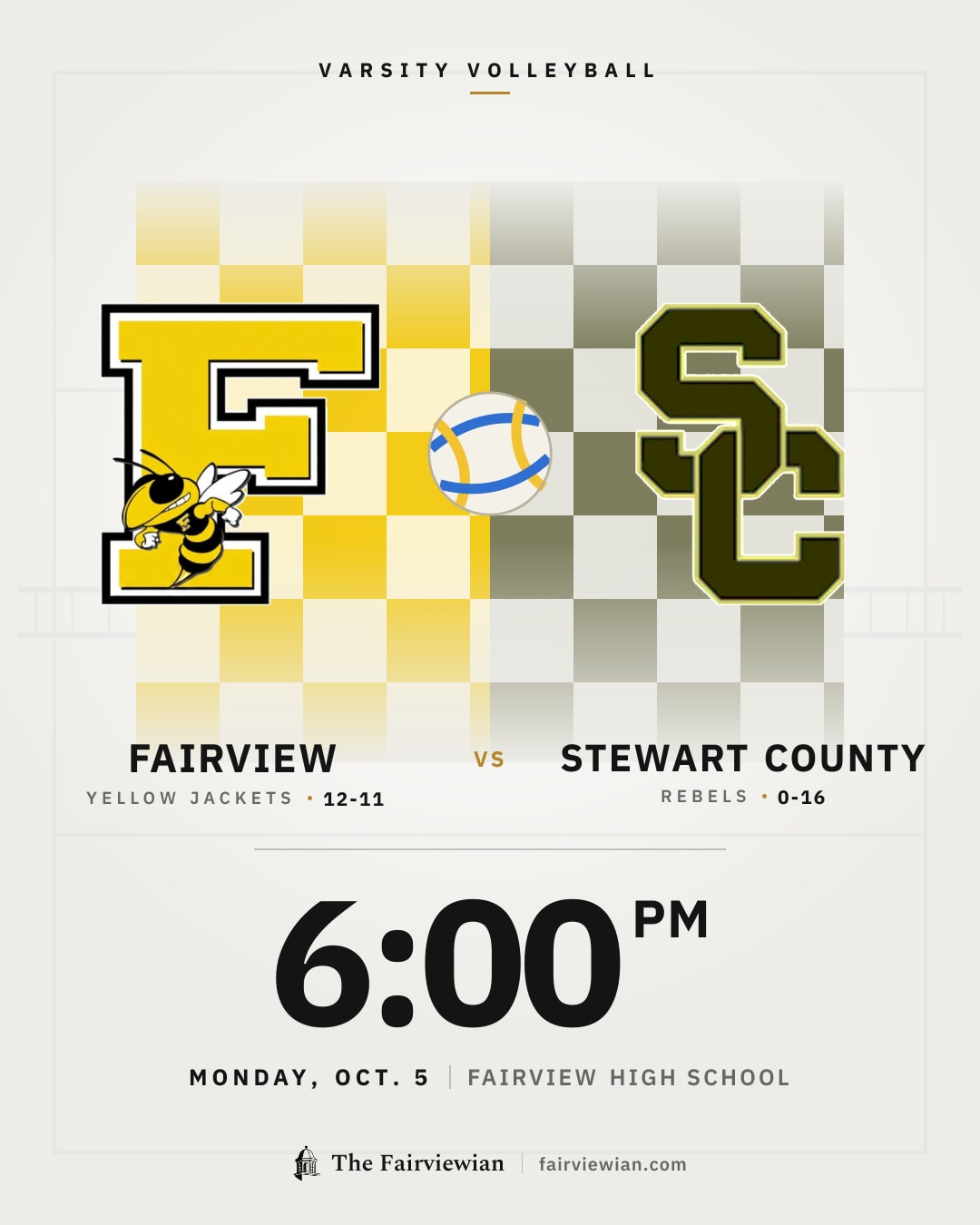 Fairview High volleyball (12-11) vs Stewart County (0-16), Monday, Oct. 5, 6 PM