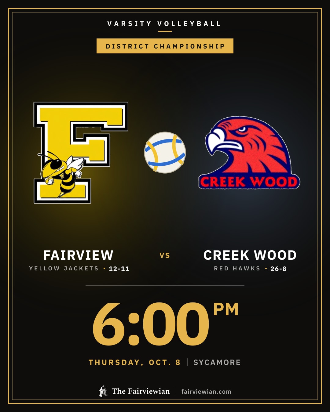 Fairview High volleyball (12-11) vs Creek Wood (26-8), Thursday, Oct. 8, 6 PM