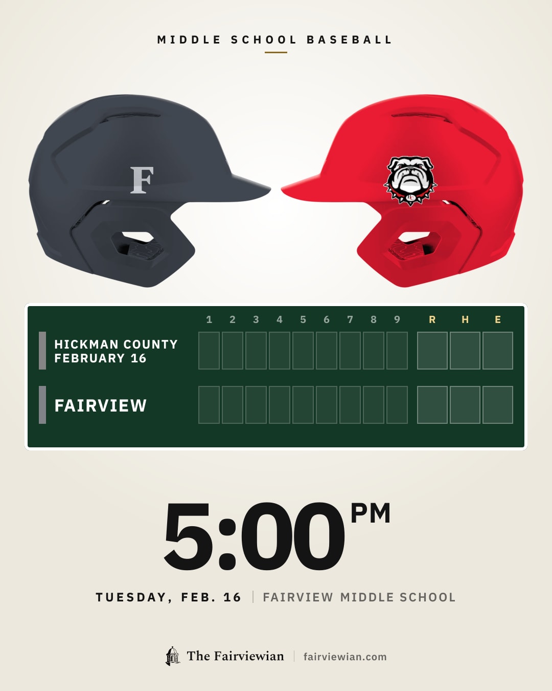 Fairview Middle baseball vs Hickman County February 16, Tuesday, Feb. 16, 5 PM