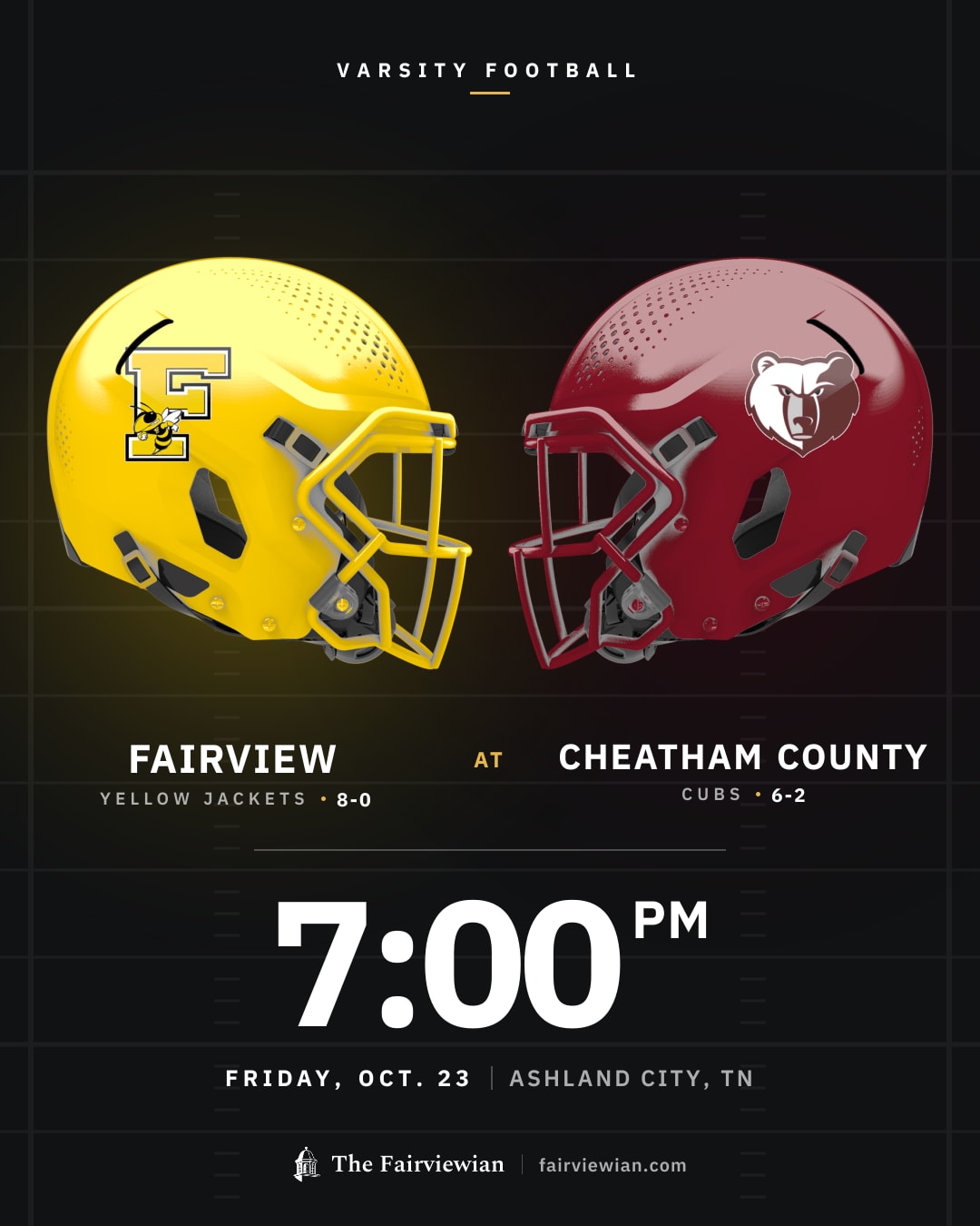 Fairview High football (8-0) vs Cheatham County (6-2), Friday, Oct. 23, 7 PM