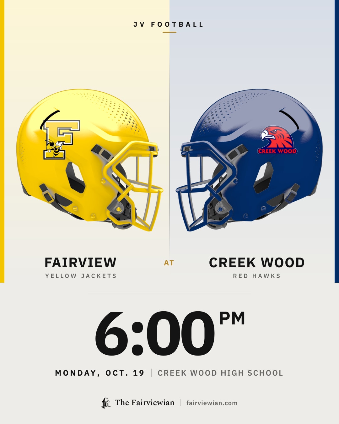 Fairview High JV football vs Creek Wood, Monday, Oct. 19, 6 PM