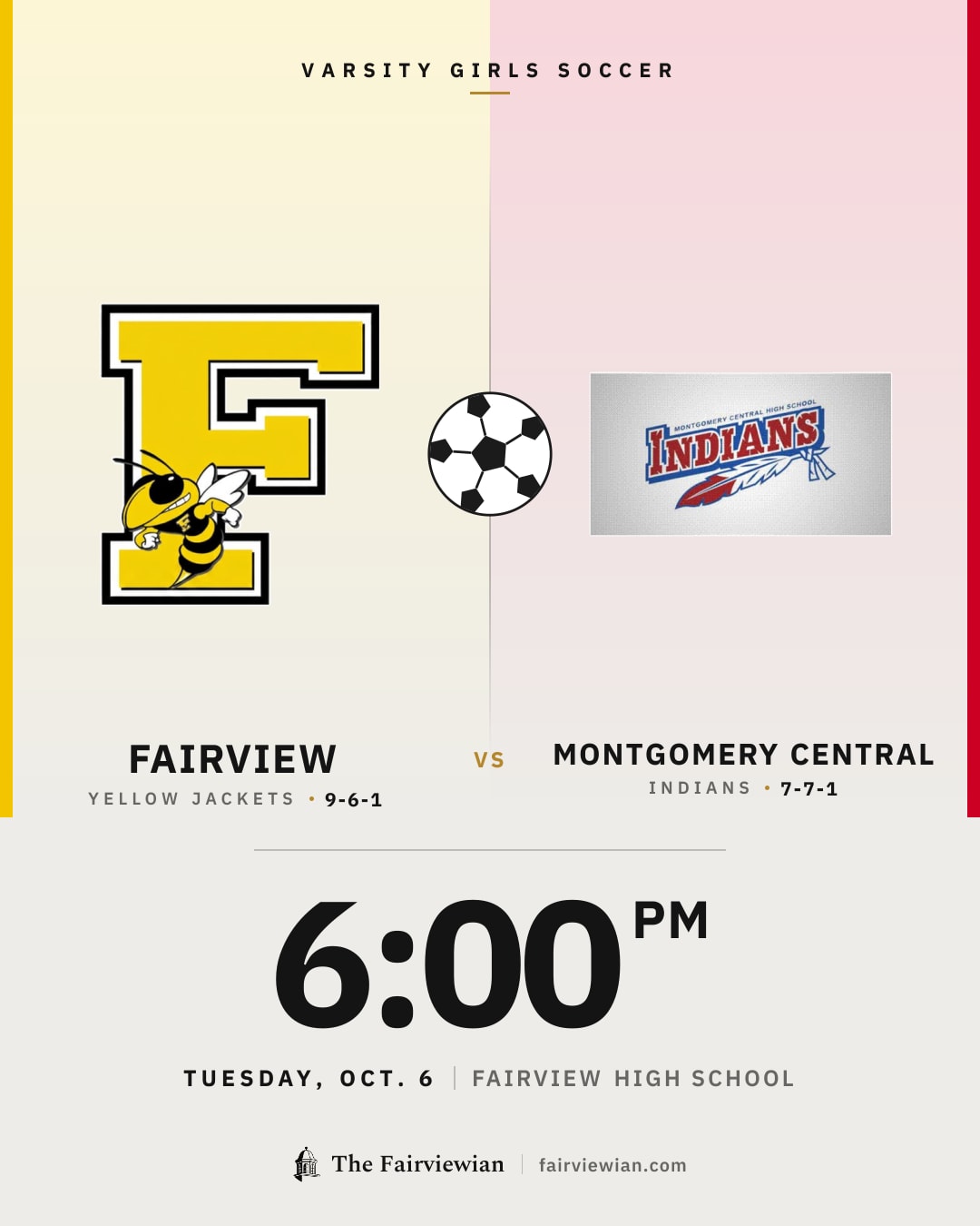 Fairview High girls soccer (9-6-1) vs Montgomery Central (7-7-1), Tuesday, Oct. 6, 6 PM