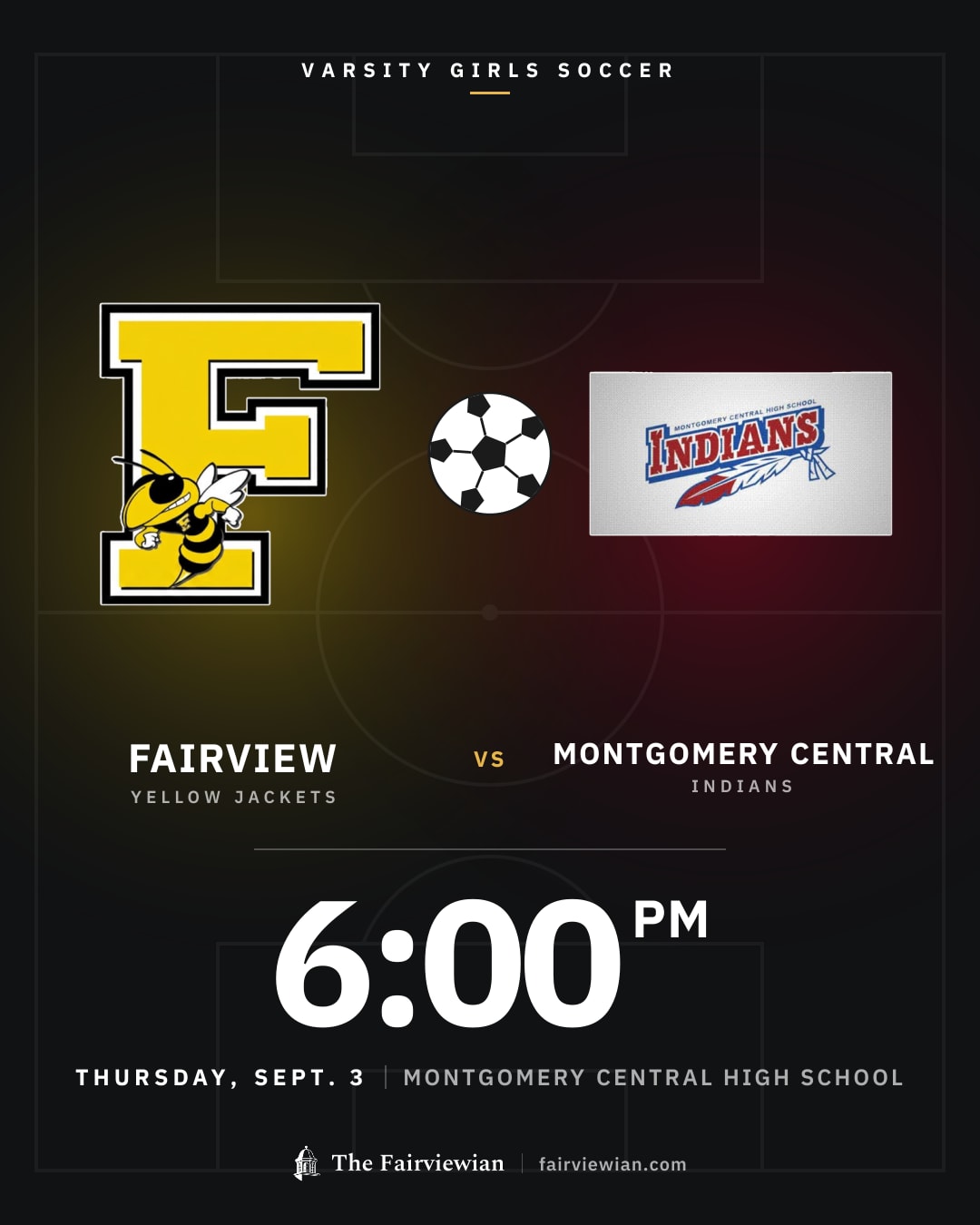 Fairview High girls soccer vs Montgomery Central, Thursday, Sept. 3, 6 PM